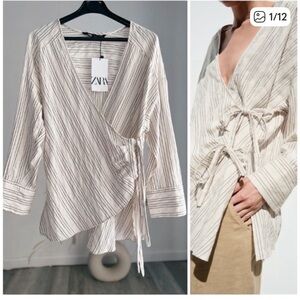 Zara Beige and cream Striped Wrap Top